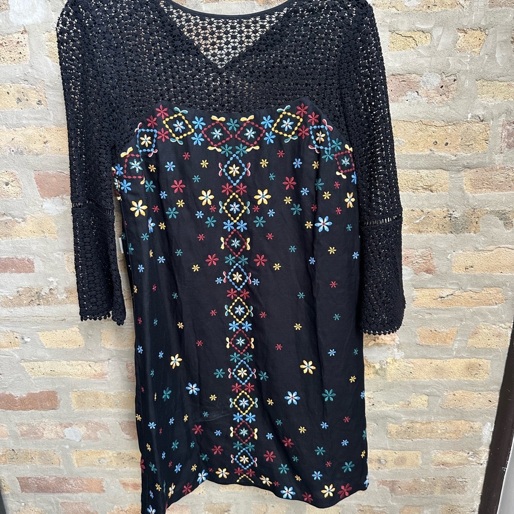 Boho Black Crochet Dress with Floral Embroidery